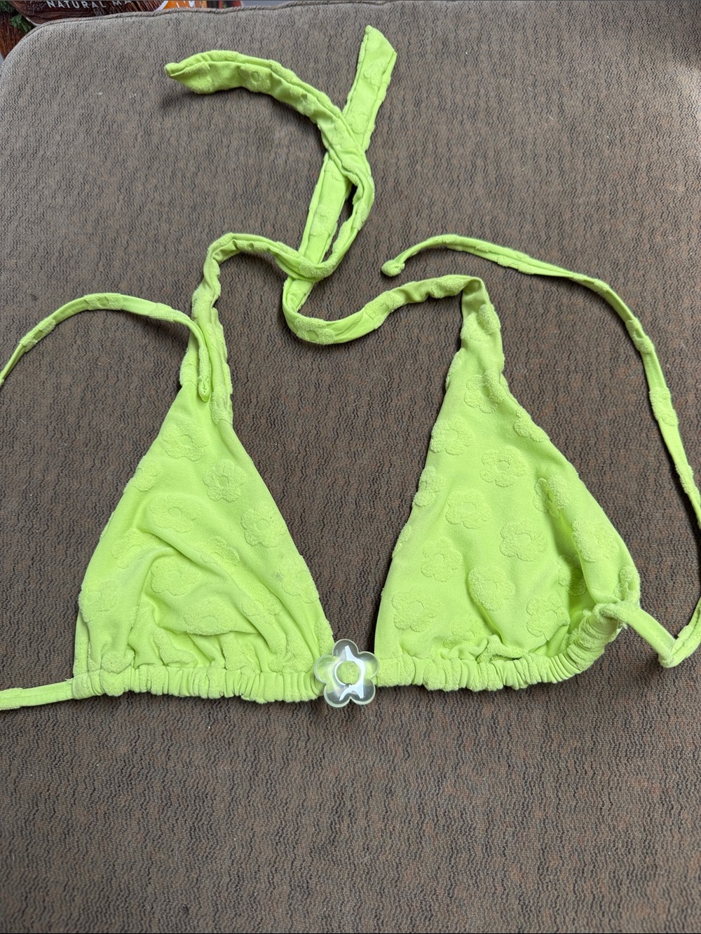 Neon Lime Triangle Bikini Top with Flower Accent